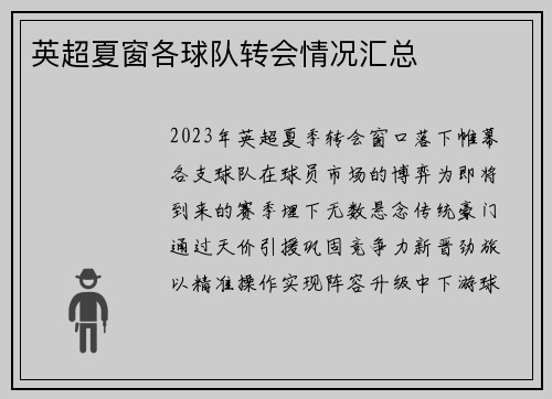 英超夏窗各球队转会情况汇总